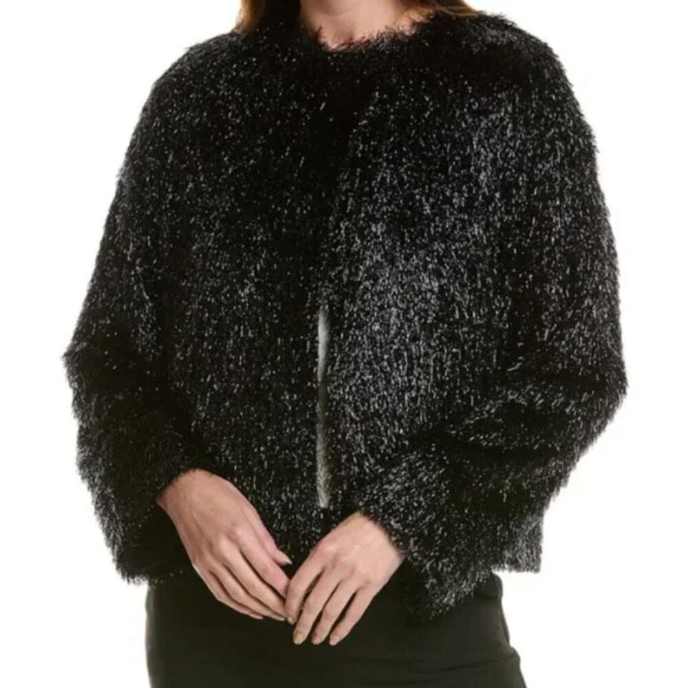 Lafayette 148 New York Black Shiny Fluffy Tinsel Crewneck Jacket, Size S
